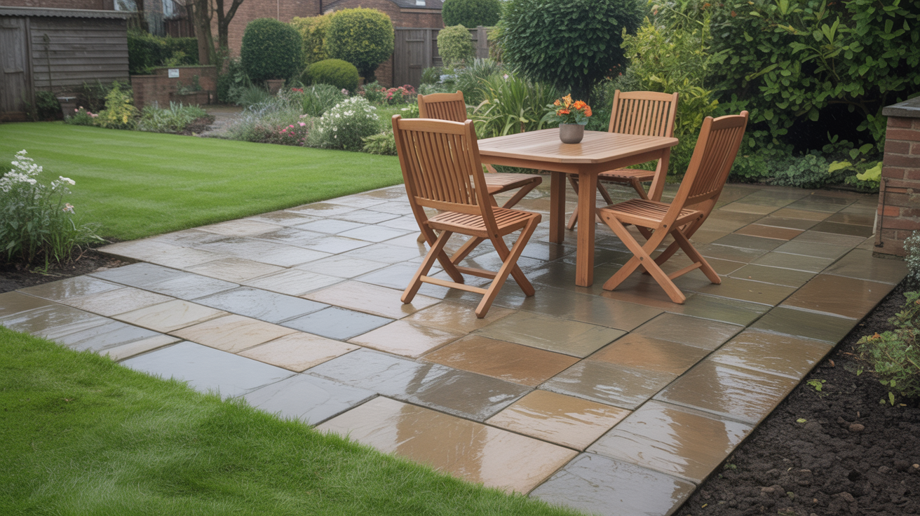 Newly laid stone patio with garden furniture in UK garden